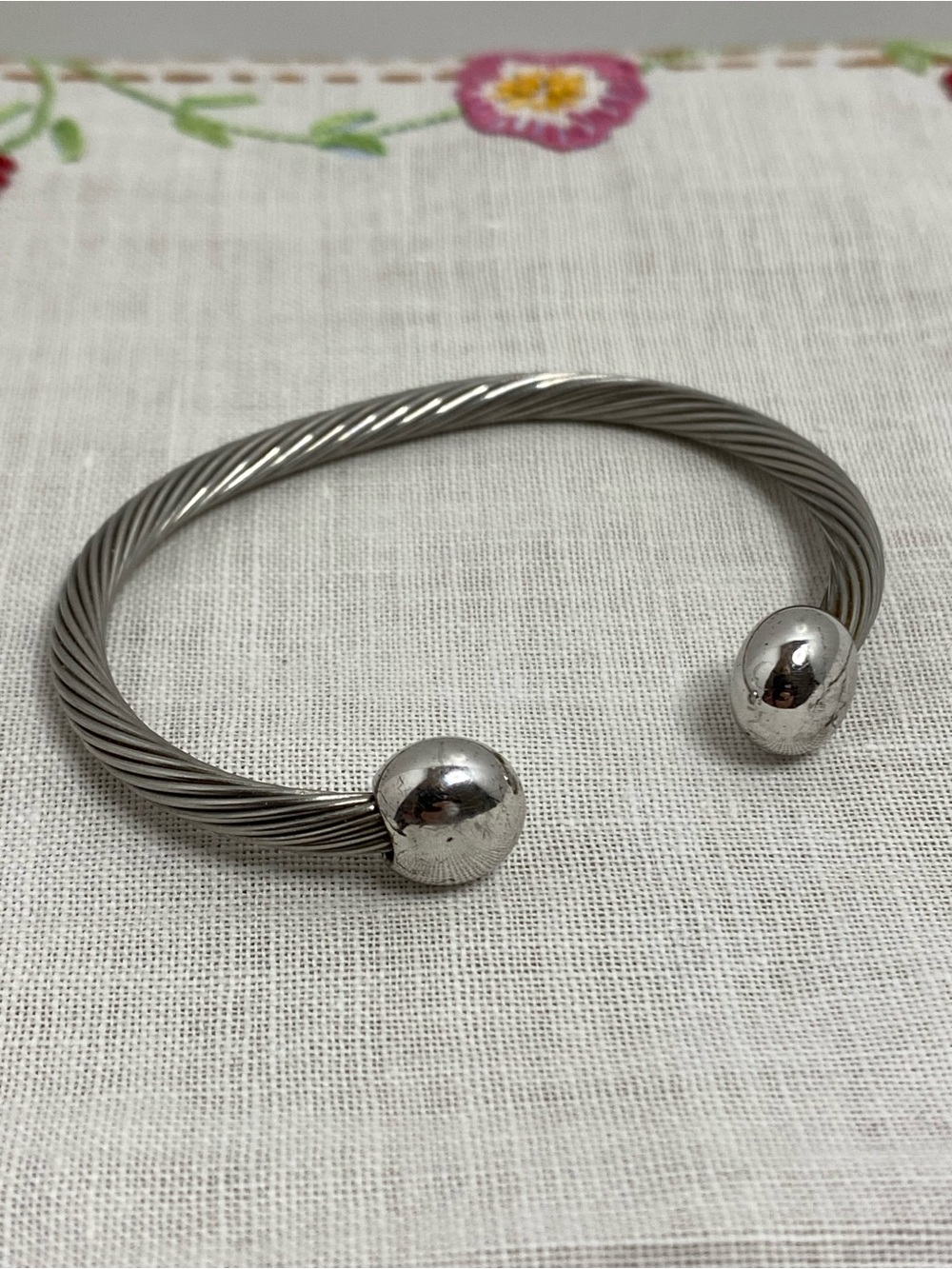 Vintage Cable Cuff Bracelet Open Bangle Ball End Design Silver Tone